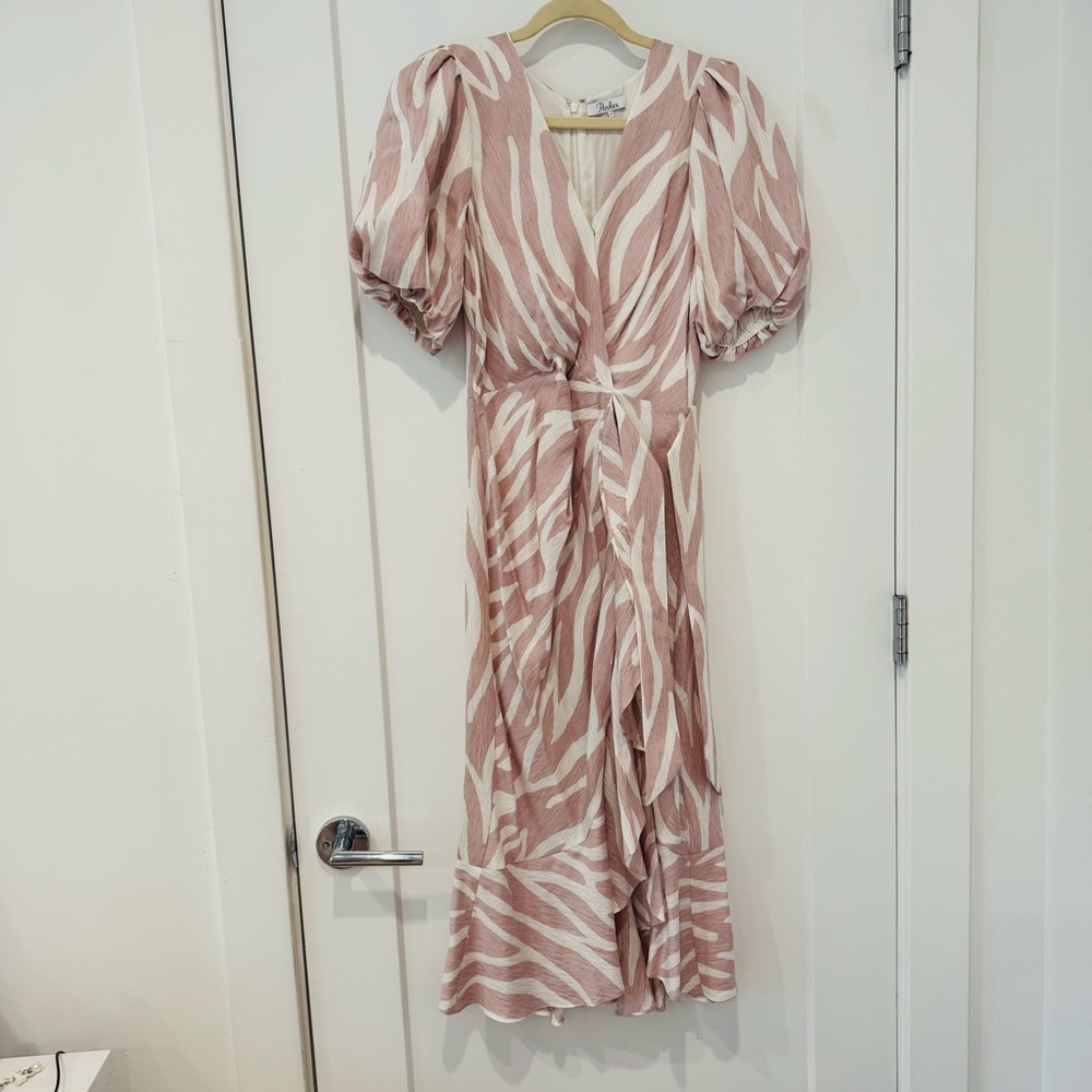 Parker Pink and White Ruffled Wrap Midi Dress, Size 4